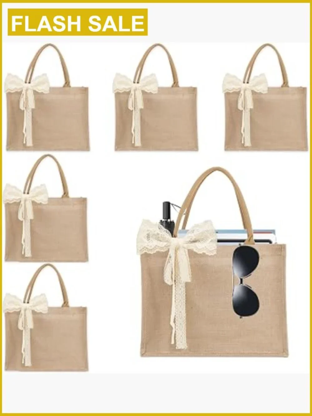 Burlap Tote Bag Set 6 Pack Reusable Grocery Shopping Jute Party Gift